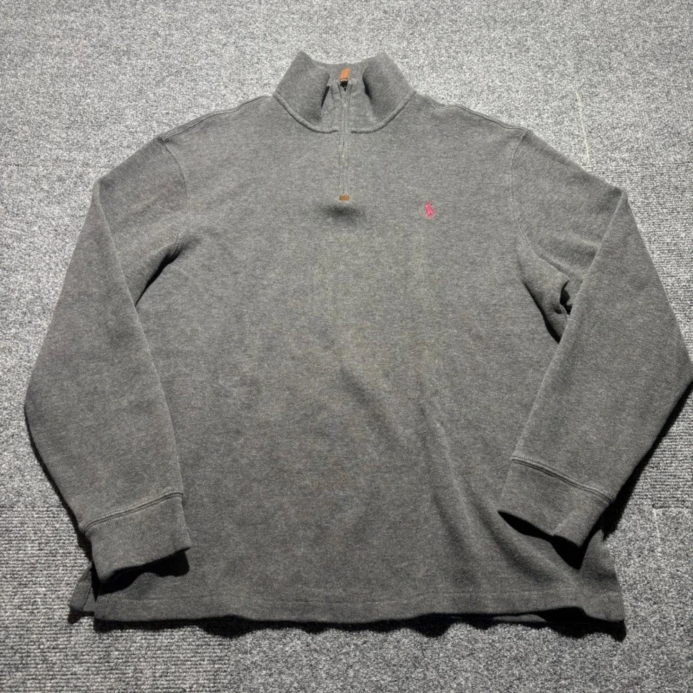 Polo Ralph Lauren Mens Large Gray Quarter Zip Pullover Cotton Pink Pony Logo